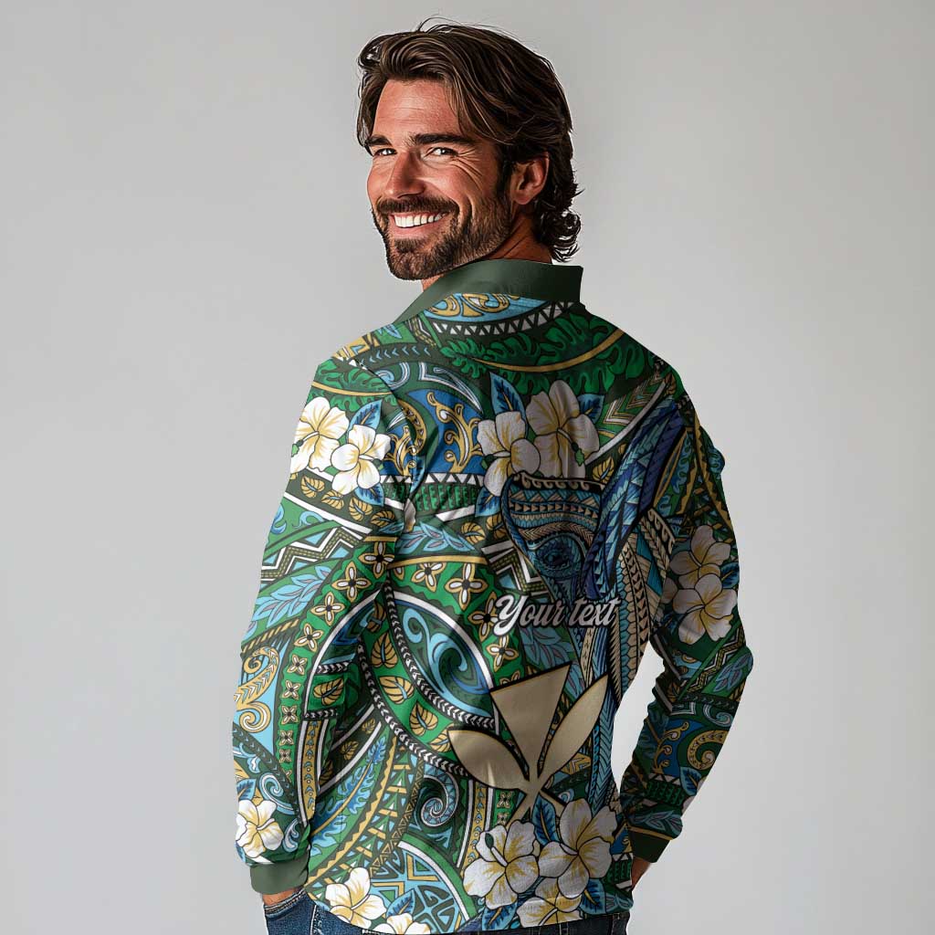 Personalised Hawaii Tribal Humpback Whale Long Sleeve Polo Shirt Omaomao Hibiscus Seamless Pattern