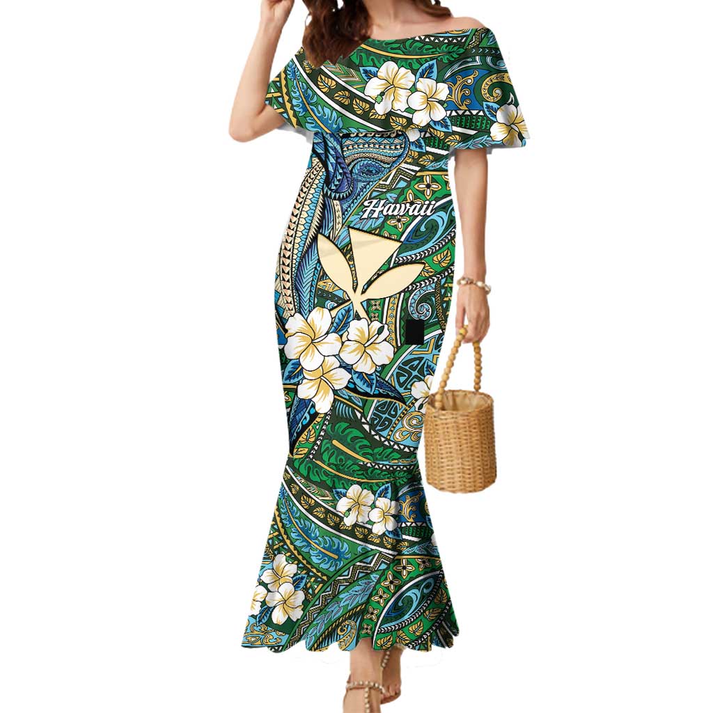 Personalised Hawaii Tribal Humpback Whale Mermaid Dress Omaomao Hibiscus Seamless Pattern