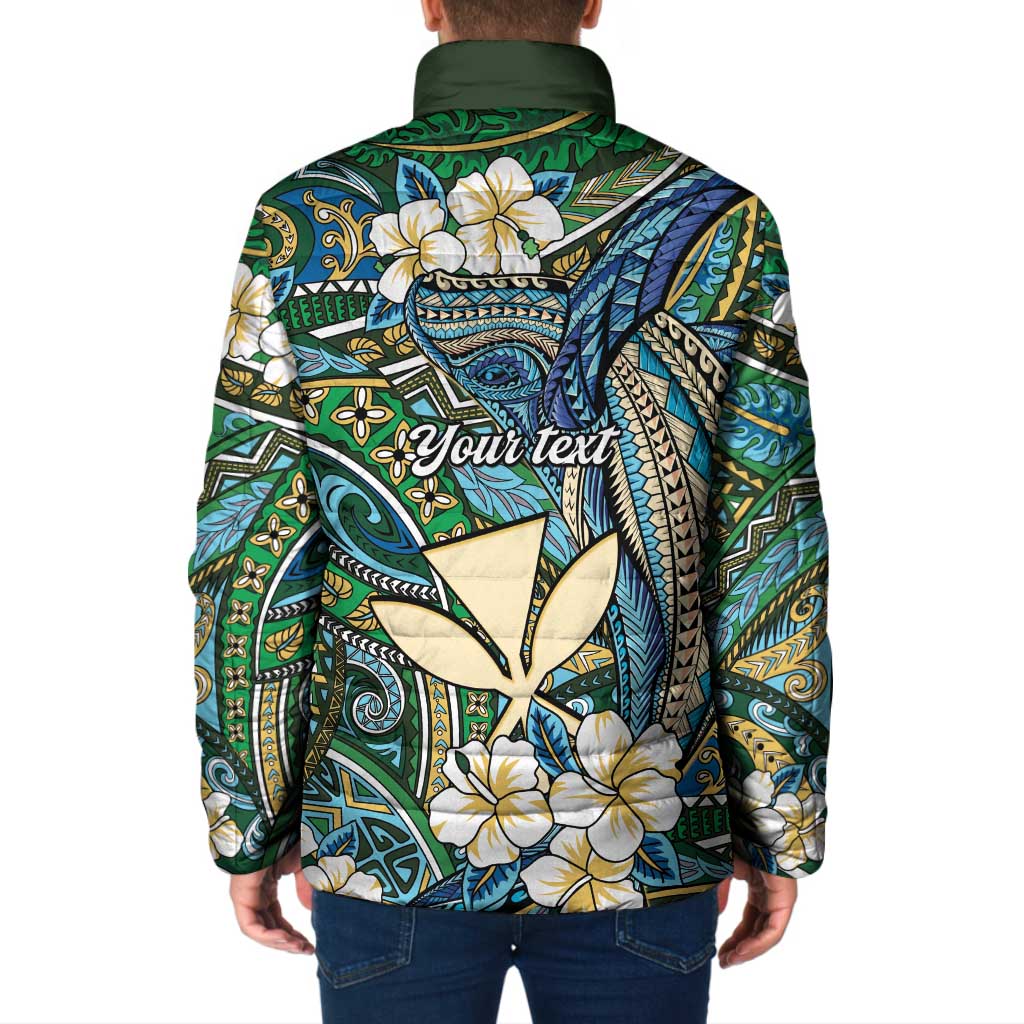 Personalised Hawaii Tribal Humpback Whale Padded Jacket Omaomao Hibiscus Seamless Pattern LT9 - Polynesian Pride