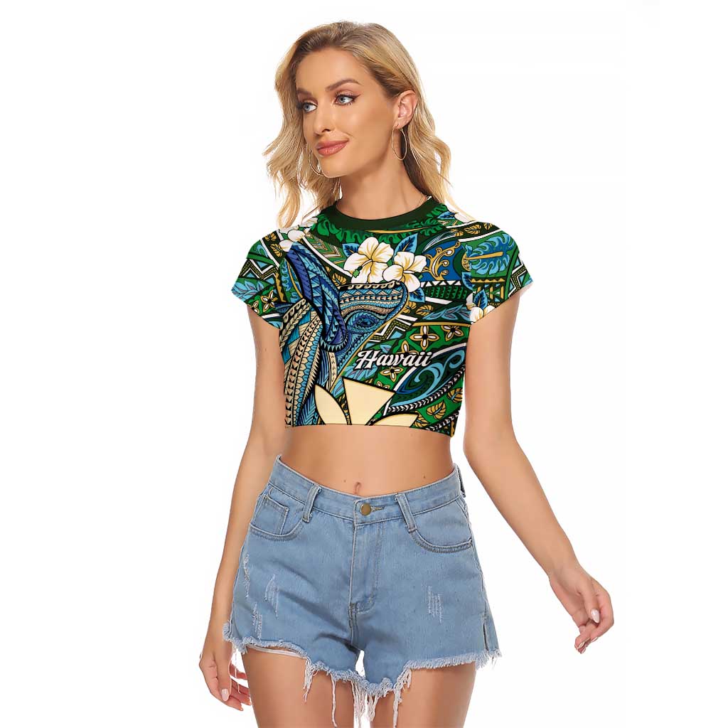 Personalised Hawaii Tribal Humpback Whale Raglan Cropped T Shirt Omaomao Hibiscus Seamless Pattern LT9 Female Green - Polynesian Pride