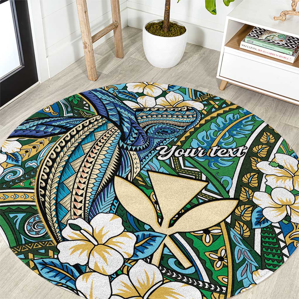 Personalised Hawaii Tribal Humpback Whale Round Carpet Omaomao Hibiscus Seamless Pattern LT9 Green - Polynesian Pride