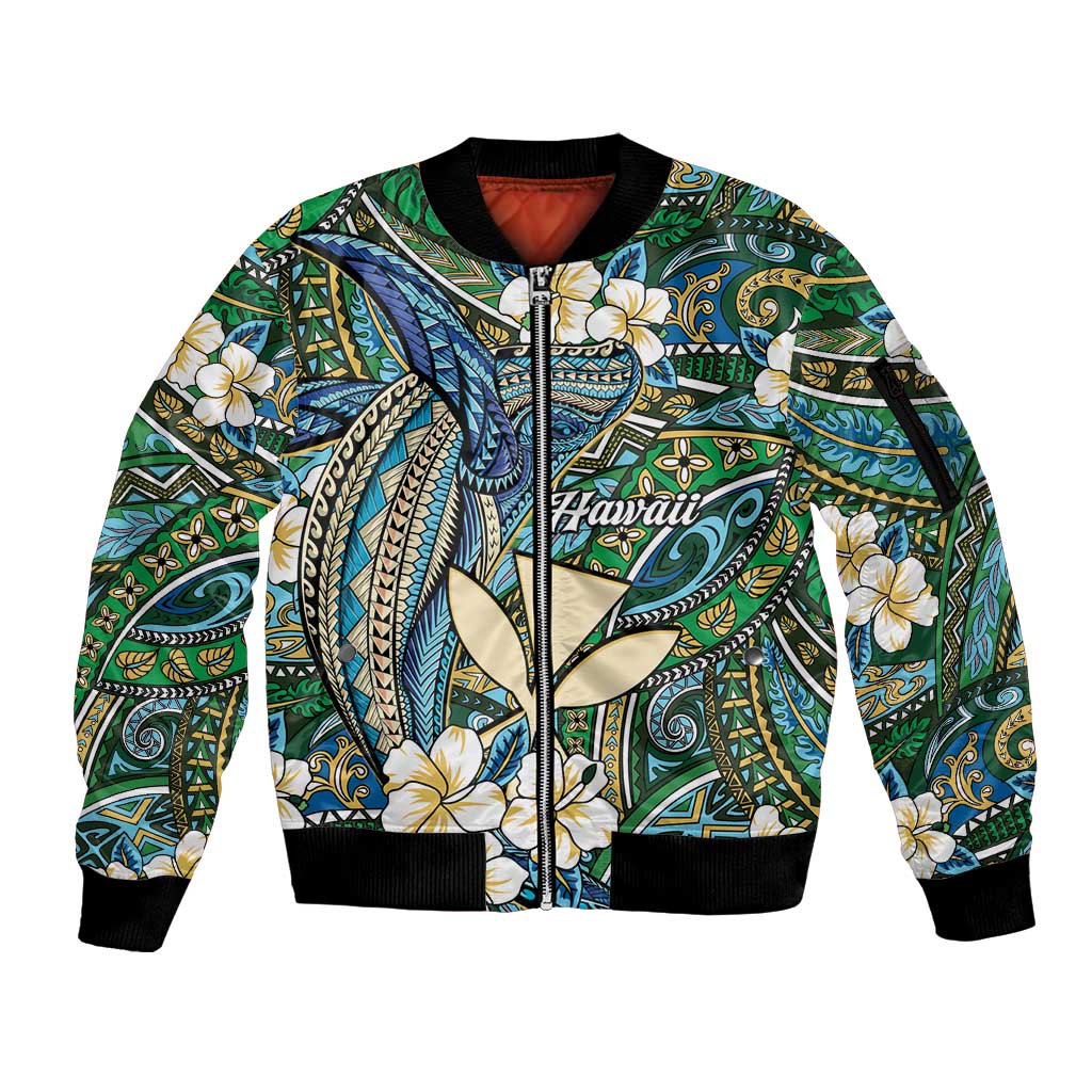Personalised Hawaii Tribal Humpback Whale Sleeve Zip Bomber Jacket Omaomao Hibiscus Seamless Pattern LT9 Unisex Green - Polynesian Pride