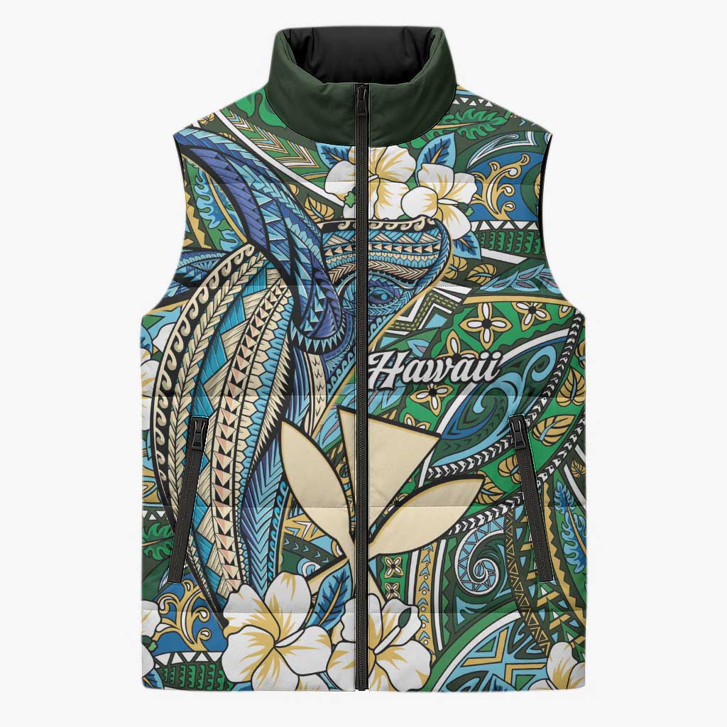 Personalised Hawaii Tribal Humpback Whale Sleeveless Puffer Jacket Omaomao Hibiscus Seamless Pattern LT9 Unisex Green - Polynesian Pride
