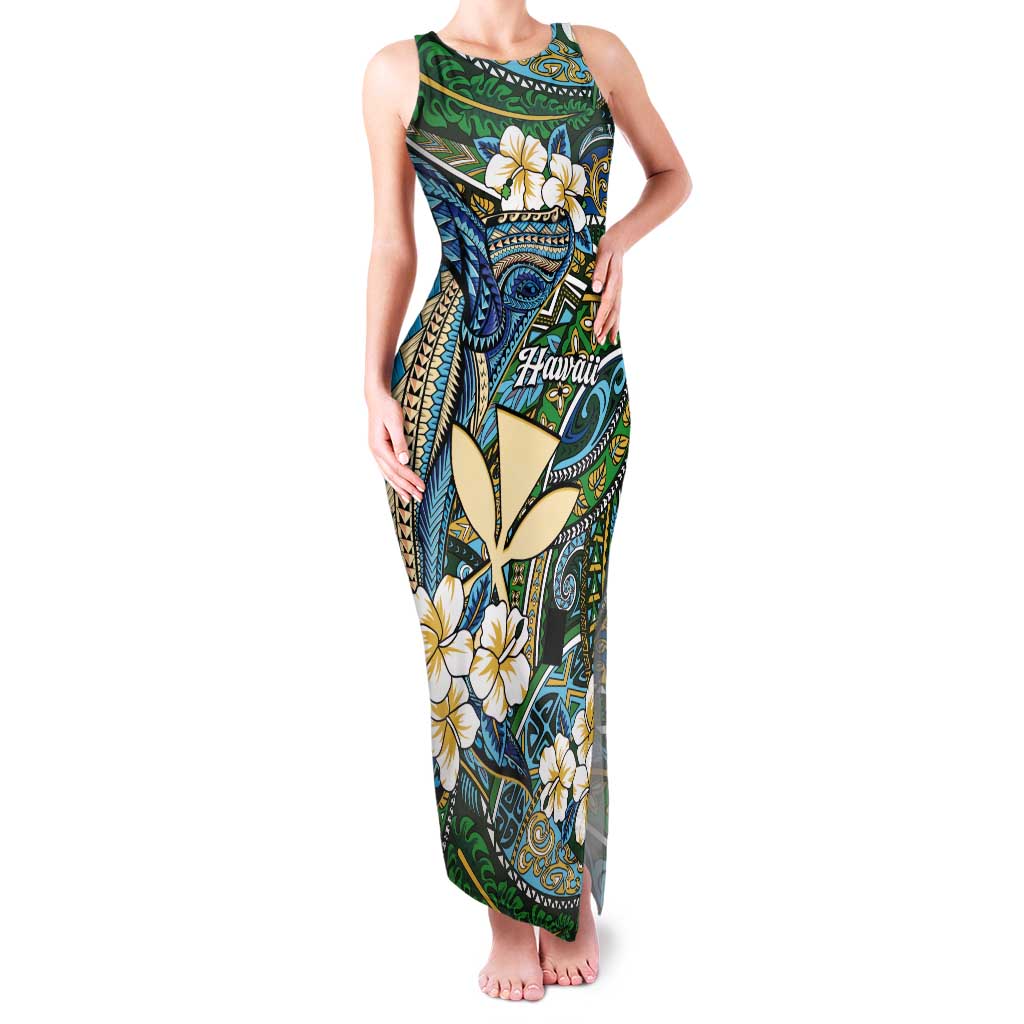 Personalised Hawaii Tribal Humpback Whale Tank Maxi Dress Omaomao Hibiscus Seamless Pattern