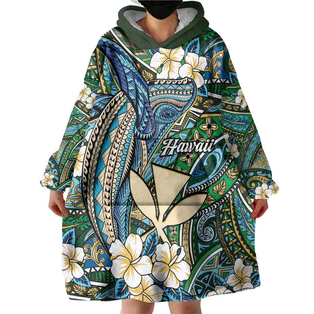 Personalised Hawaii Tribal Humpback Whale Wearable Blanket Hoodie Omaomao Hibiscus Seamless Pattern LT9 - Polynesian Pride