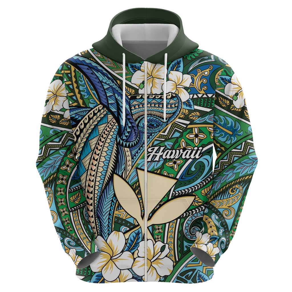 Personalised Hawaii Tribal Humpback Whale Zip Hoodie Omaomao Hibiscus Seamless Pattern LT9 - Polynesian Pride