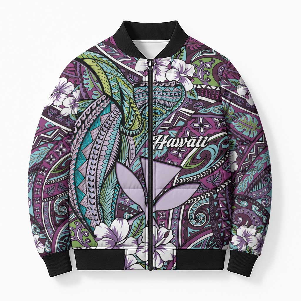 Personalised Hawaii Tribal Humpback Whale Bomber Puffer Jacket Poni Hibiscus Seamless Pattern LT9 Unisex Purple - Polynesian Pride