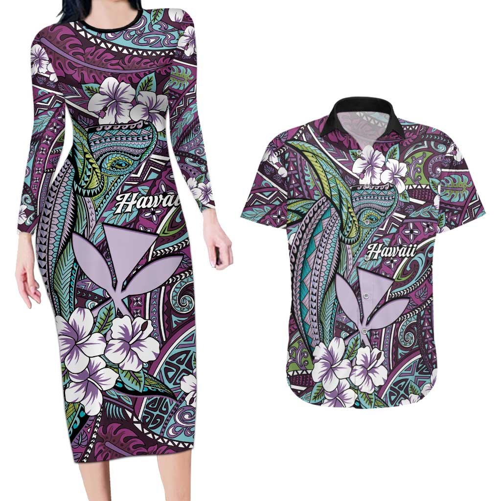 Personalised Hawaii Tribal Humpback Whale Couples Matching Long Sleeve Bodycon Dress and Hawaiian Shirt Poni Hibiscus Seamless Pattern LT9 Purple - Polynesian Pride