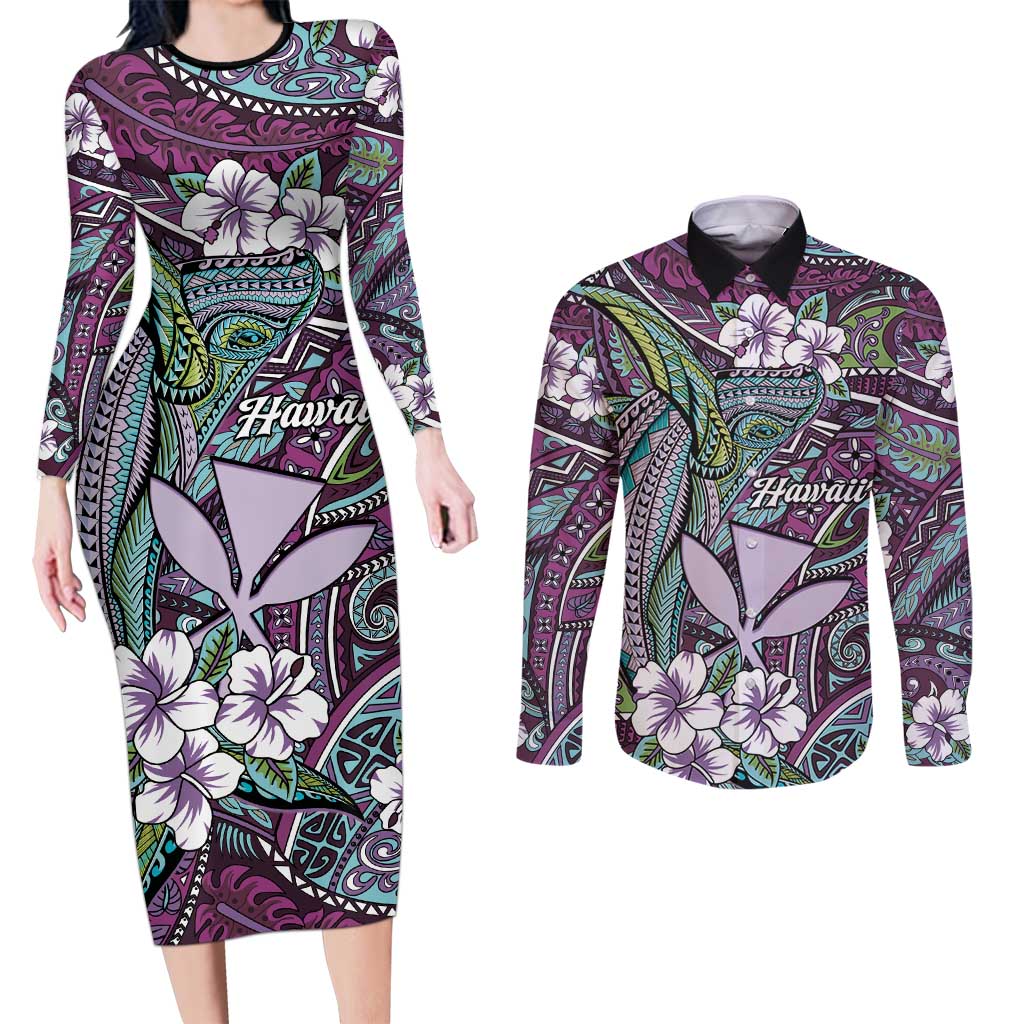Personalised Hawaii Tribal Humpback Whale Couples Matching Long Sleeve Bodycon Dress and Long Sleeve Button Shirt Poni Hibiscus Seamless Pattern LT9 Purple - Polynesian Pride