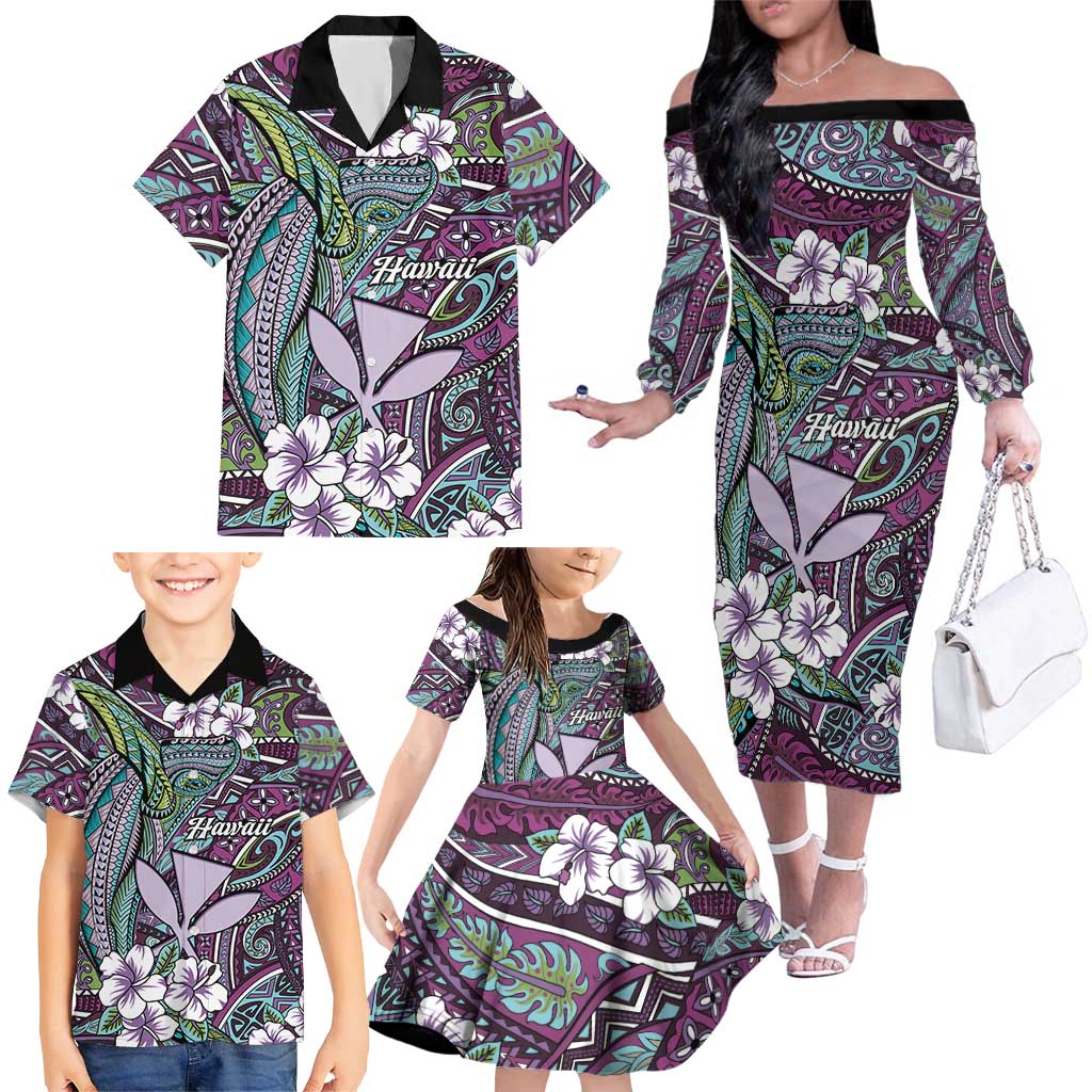 Personalised Hawaii Tribal Humpback Whale Family Matching Off The Shoulder Long Sleeve Dress and Hawaiian Shirt Poni Hibiscus Seamless Pattern LT9 - Polynesian Pride