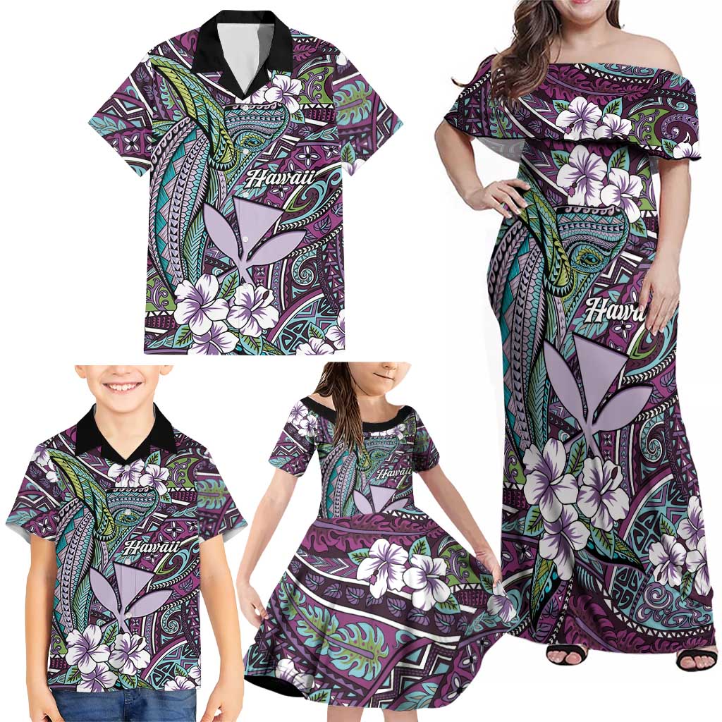 Personalised Hawaii Tribal Humpback Whale Family Matching Off Shoulder Maxi Dress and Hawaiian Shirt Poni Hibiscus Seamless Pattern