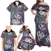 Personalised Hawaii Tribal Humpback Whale Family Matching Off Shoulder Maxi Dress and Hawaiian Shirt Poni Hibiscus Seamless Pattern