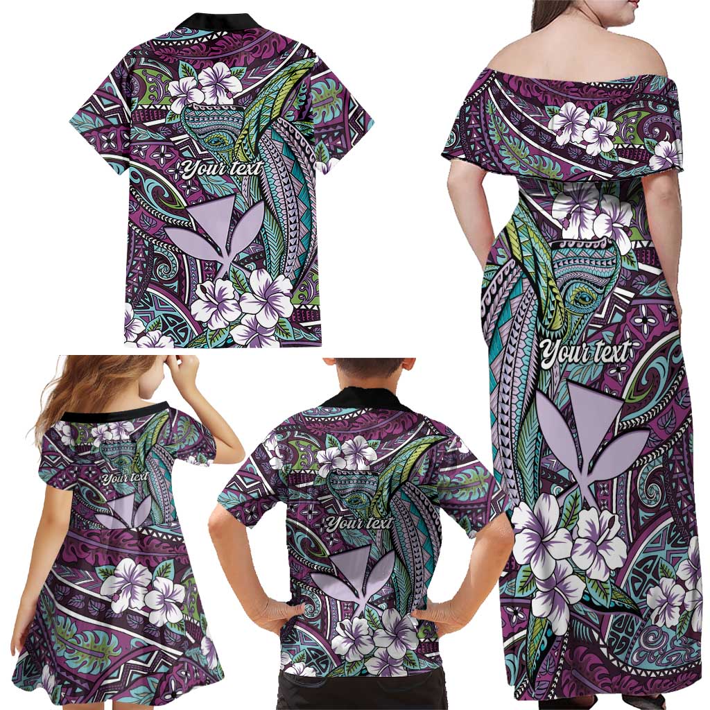 Personalised Hawaii Tribal Humpback Whale Family Matching Off Shoulder Maxi Dress and Hawaiian Shirt Poni Hibiscus Seamless Pattern