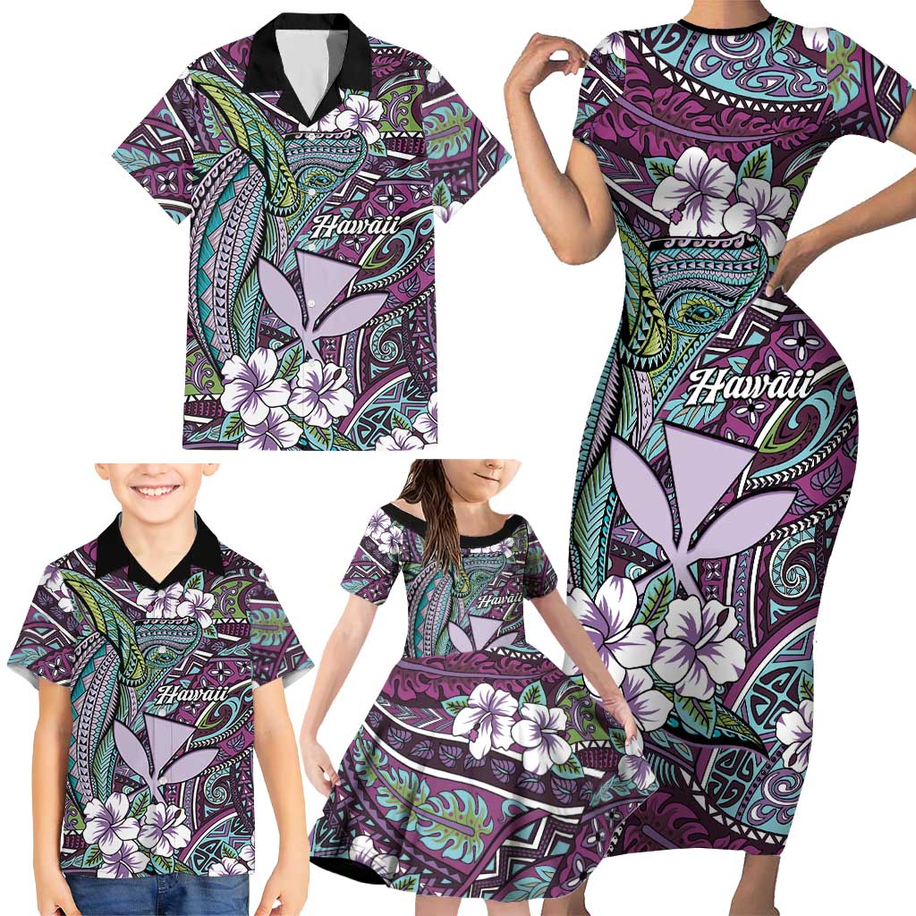Personalised Hawaii Tribal Humpback Whale Family Matching Short Sleeve Bodycon Dress and Hawaiian Shirt Poni Hibiscus Seamless Pattern