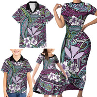 Personalised Hawaii Tribal Humpback Whale Family Matching Short Sleeve Bodycon Dress and Hawaiian Shirt Poni Hibiscus Seamless Pattern