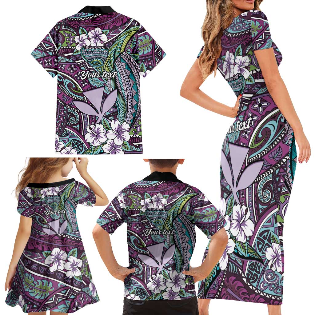 Personalised Hawaii Tribal Humpback Whale Family Matching Short Sleeve Bodycon Dress and Hawaiian Shirt Poni Hibiscus Seamless Pattern
