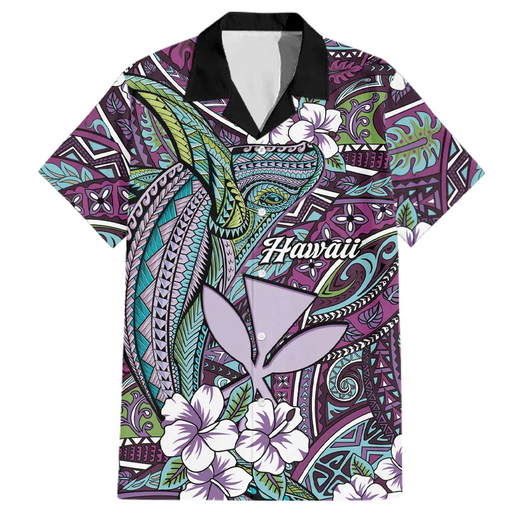 Personalised Hawaii Tribal Humpback Whale Family Matching Short Sleeve Bodycon Dress and Hawaiian Shirt Poni Hibiscus Seamless Pattern