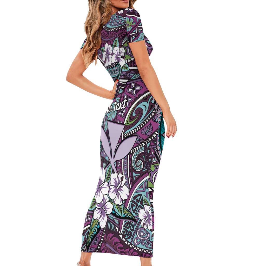 Personalised Hawaii Tribal Humpback Whale Family Matching Short Sleeve Bodycon Dress and Hawaiian Shirt Poni Hibiscus Seamless Pattern