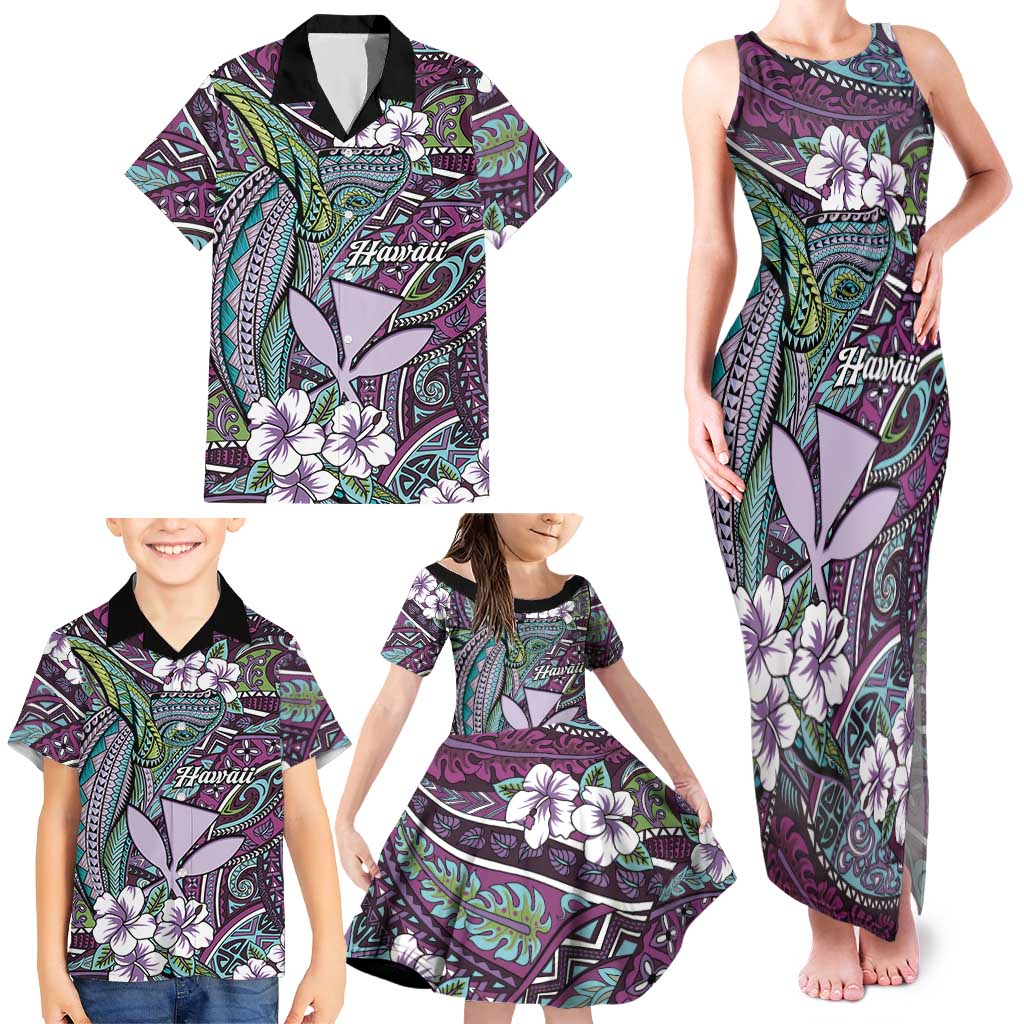 Personalised Hawaii Tribal Humpback Whale Family Matching Tank Maxi Dress and Hawaiian Shirt Poni Hibiscus Seamless Pattern