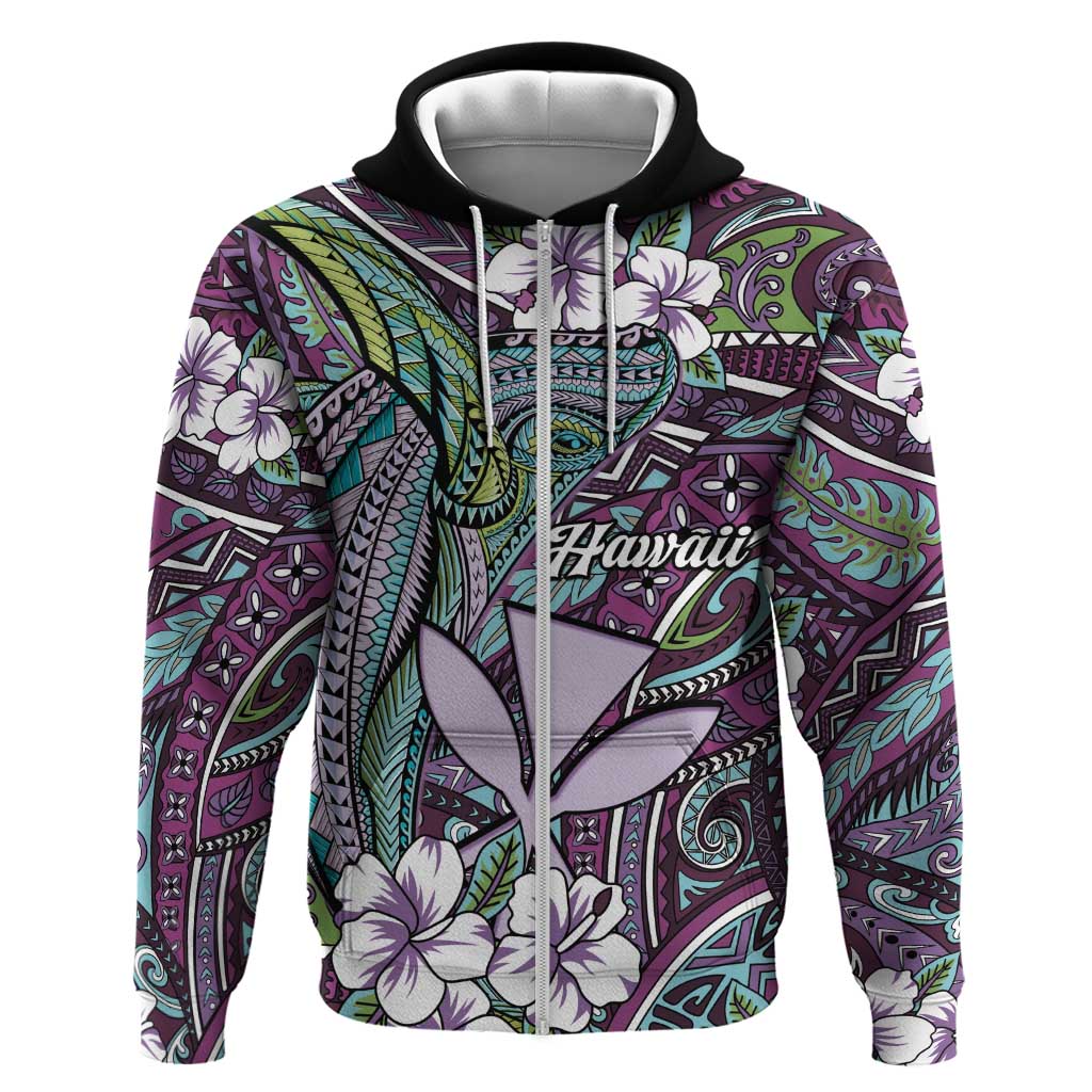 Personalised Hawaii Tribal Humpback Whale Hoodie Poni Hibiscus Seamless Pattern LT9 Zip Hoodie Purple - Polynesian Pride