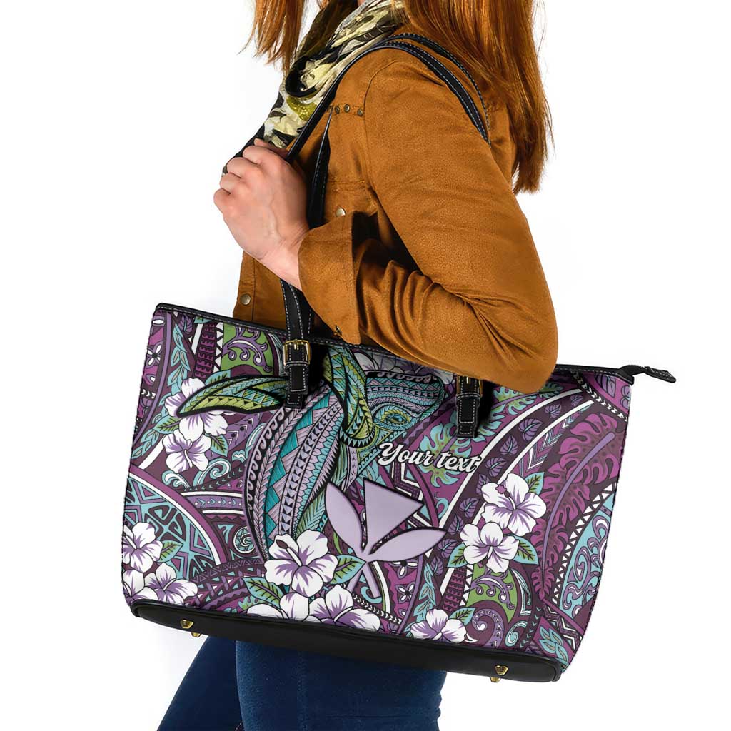Personalised Hawaii Tribal Humpback Whale Leather Tote Bag Poni Hibiscus Seamless Pattern