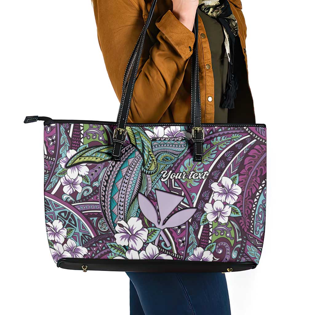 Personalised Hawaii Tribal Humpback Whale Leather Tote Bag Poni Hibiscus Seamless Pattern