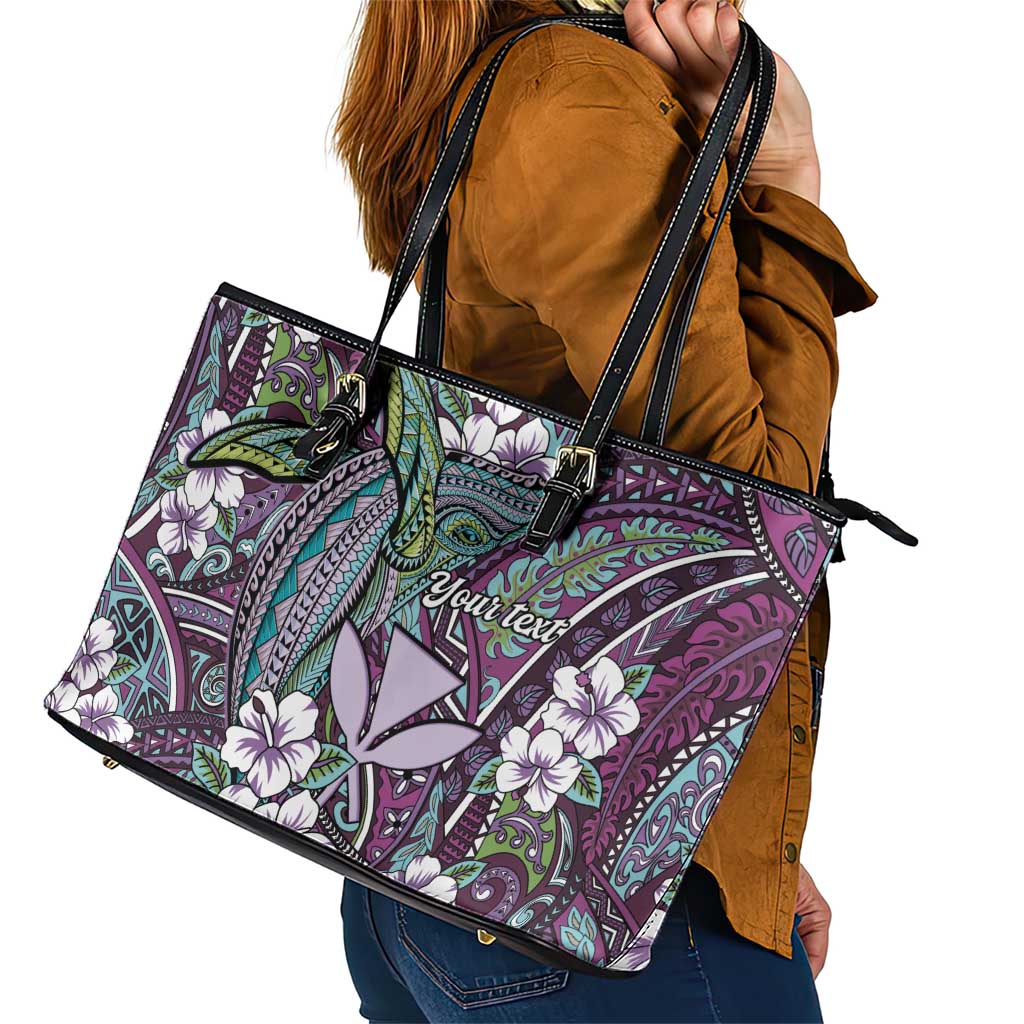 Personalised Hawaii Tribal Humpback Whale Leather Tote Bag Poni Hibiscus Seamless Pattern