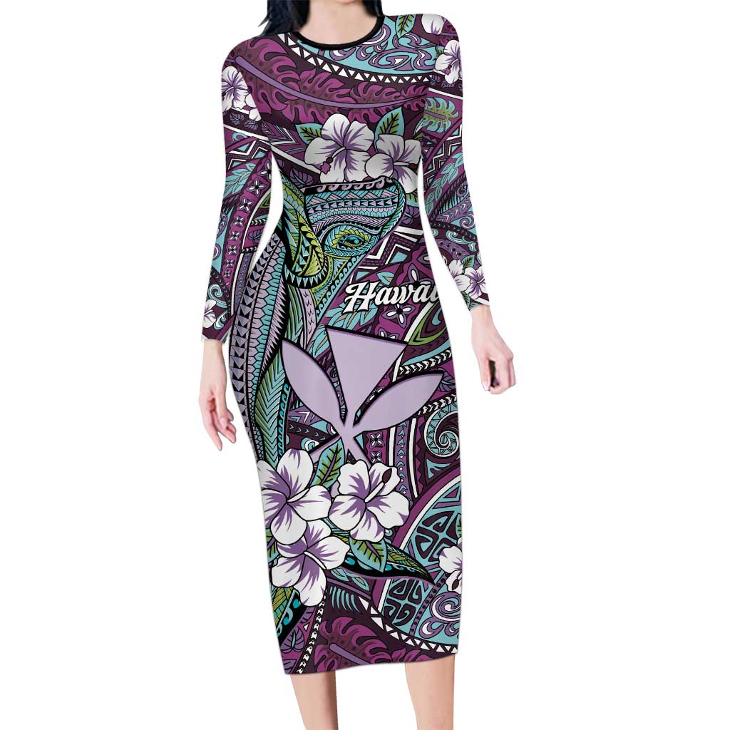 Personalised Hawaii Tribal Humpback Whale Long Sleeve Bodycon Dress Poni Hibiscus Seamless Pattern LT9 Long Dress Purple - Polynesian Pride