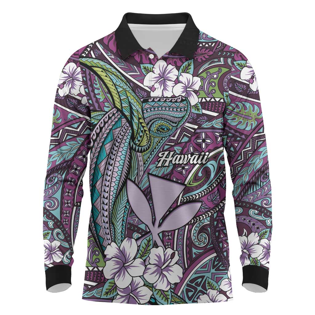 Personalised Hawaii Tribal Humpback Whale Long Sleeve Polo Shirt Poni Hibiscus Seamless Pattern LT9 Purple - Polynesian Pride