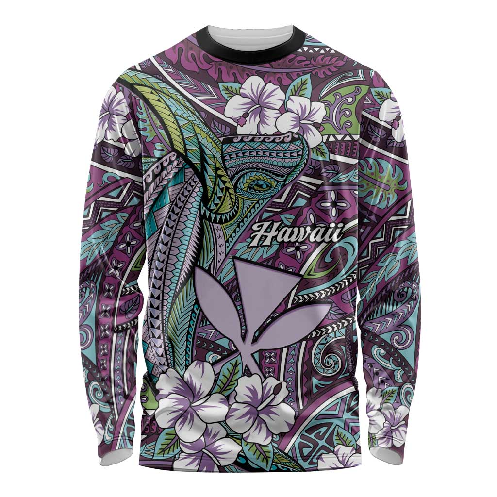 Personalised Hawaii Tribal Humpback Whale Long Sleeve Shirt Poni Hibiscus Seamless Pattern LT9 Unisex Purple - Polynesian Pride