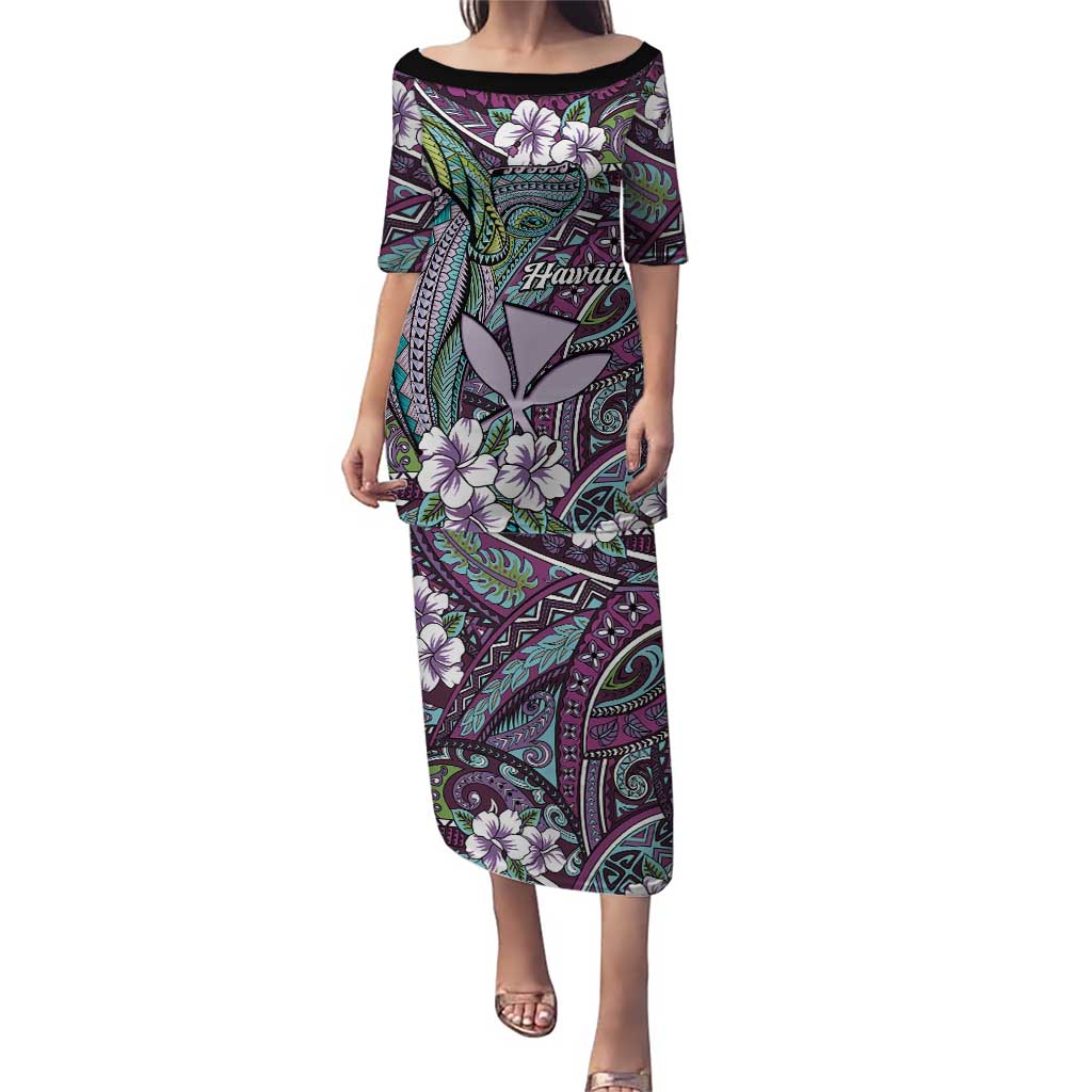 Personalised Hawaii Tribal Humpback Whale Puletasi Poni Hibiscus Seamless Pattern LT9 Long Dress Purple - Polynesian Pride