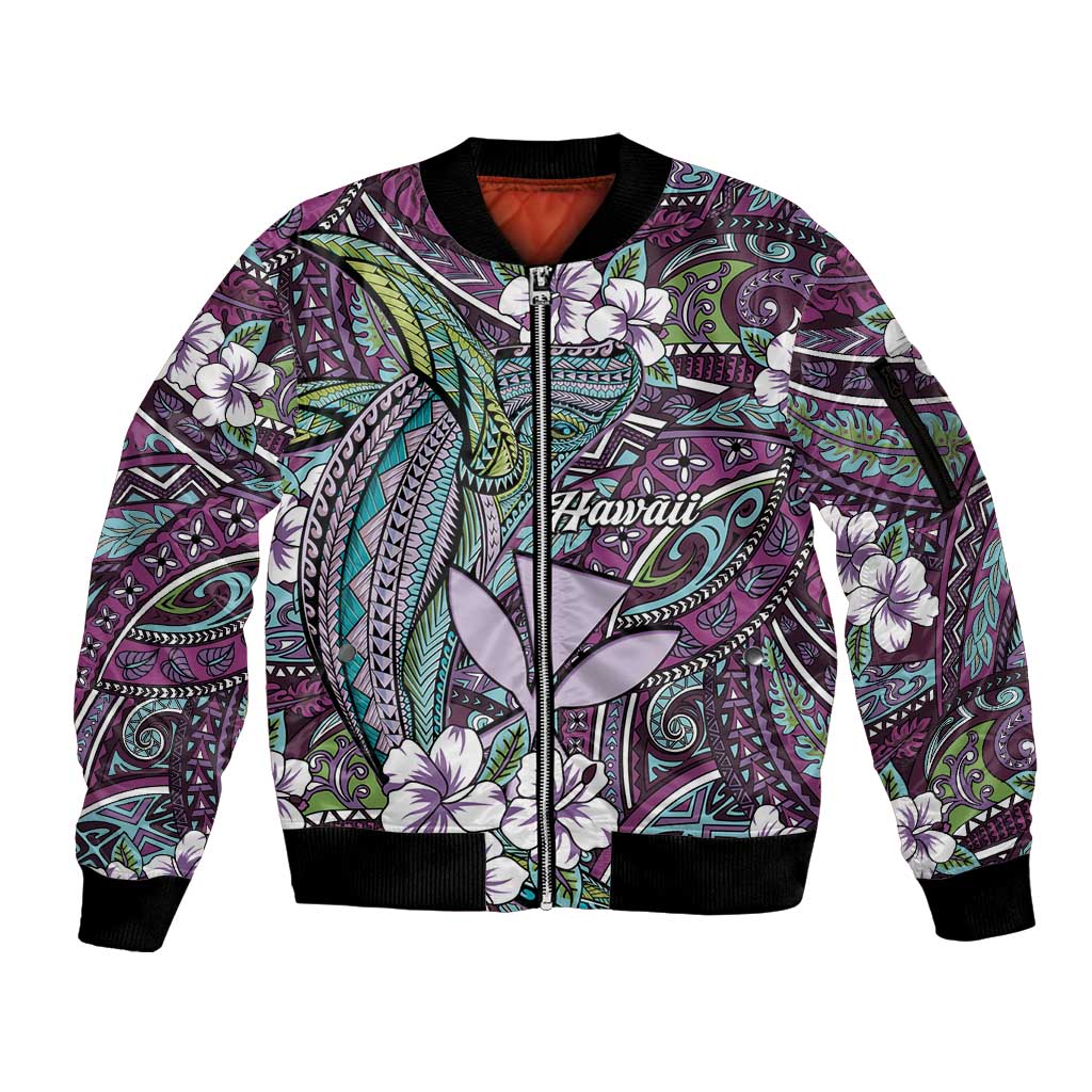 Personalised Hawaii Tribal Humpback Whale Sleeve Zip Bomber Jacket Poni Hibiscus Seamless Pattern LT9 Unisex Purple - Polynesian Pride