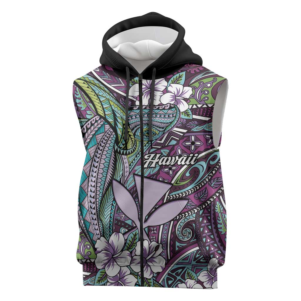 Personalised Hawaii Tribal Humpback Whale Sleeveless Zip Hoodie Poni Hibiscus Seamless Pattern LT9 Purple - Polynesian Pride