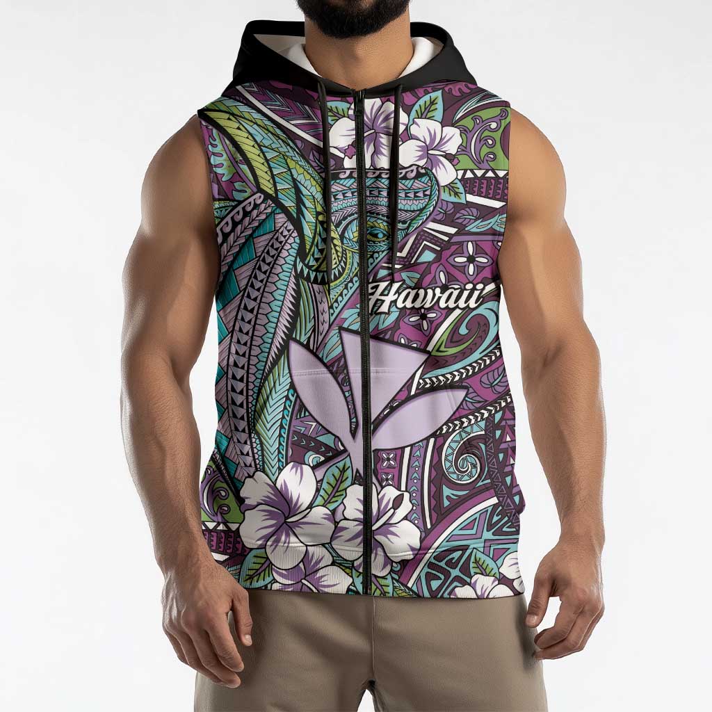 Personalised Hawaii Tribal Humpback Whale Sleeveless Zip Hoodie Poni Hibiscus Seamless Pattern LT9 - Polynesian Pride