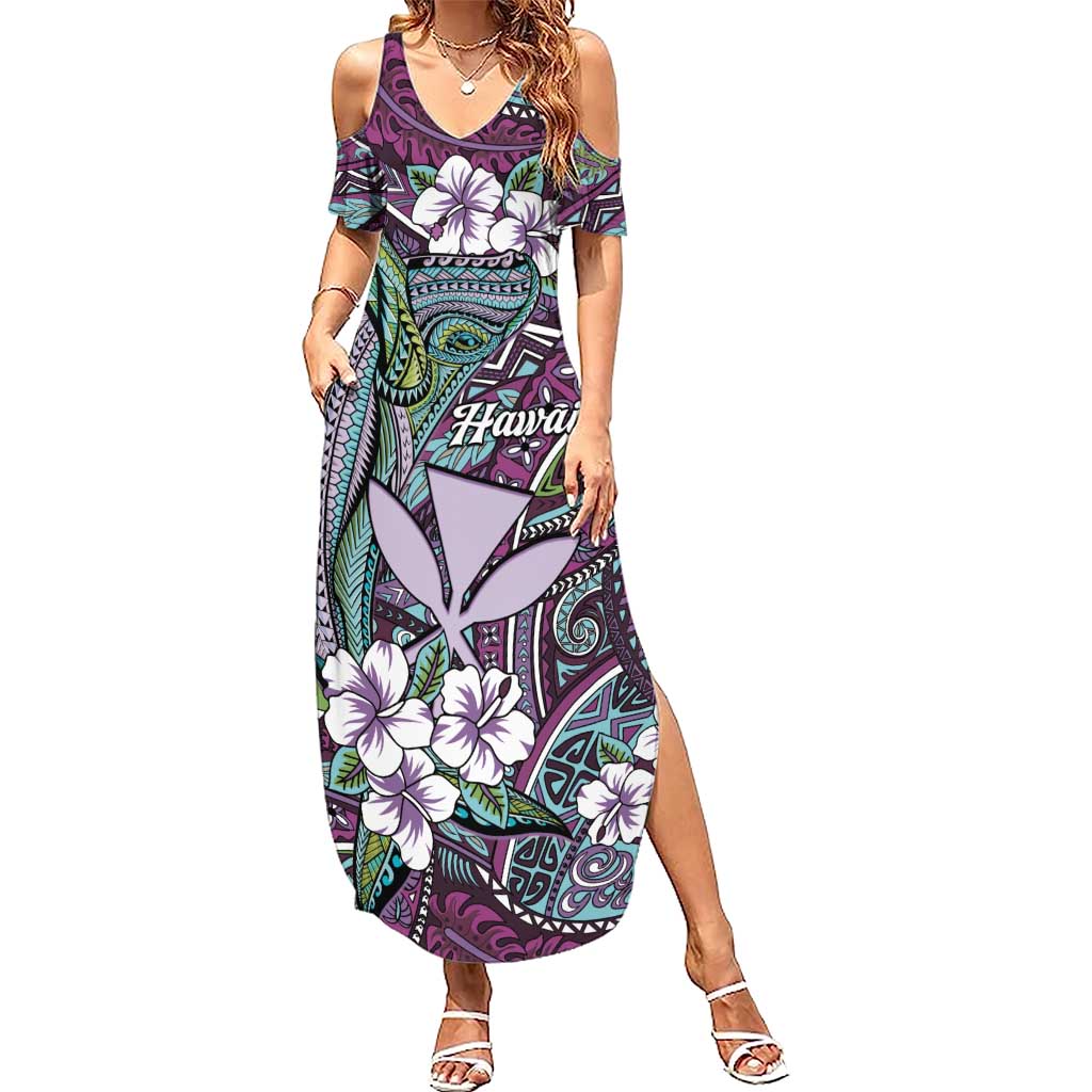 Personalised Hawaii Tribal Humpback Whale Summer Maxi Dress Poni Hibiscus Seamless Pattern