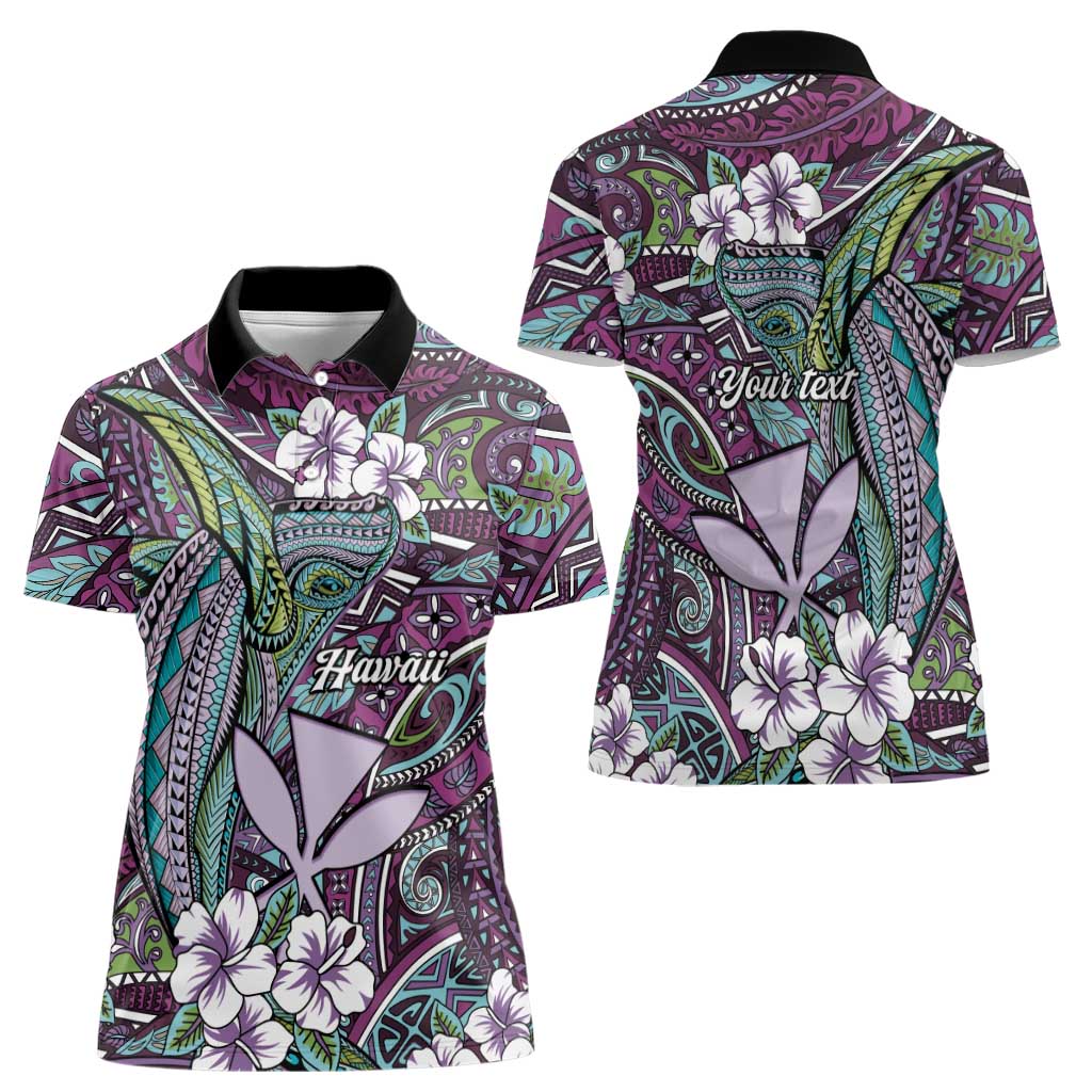 Personalised Hawaii Tribal Humpback Whale Women Polo Shirt Poni Hibiscus Seamless Pattern