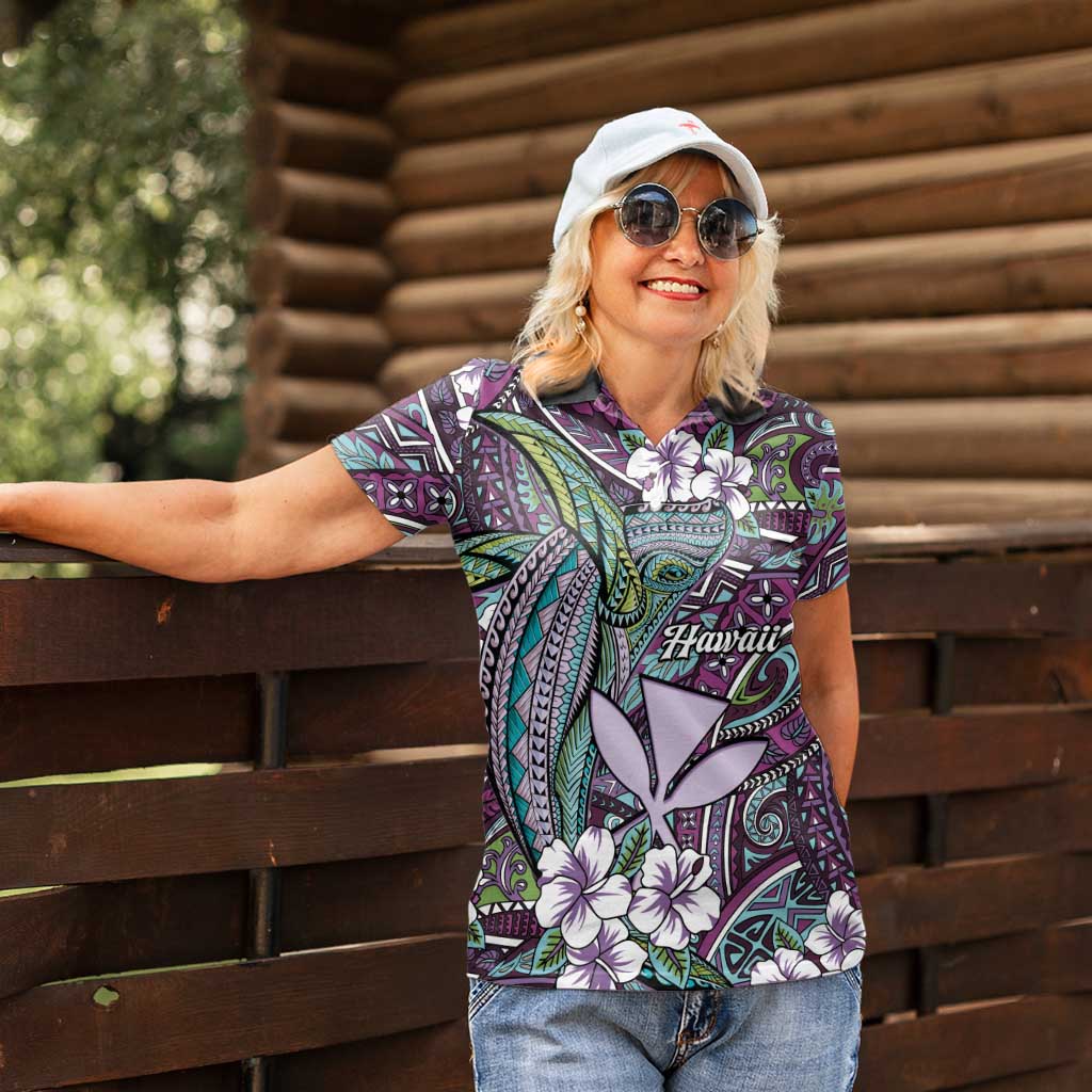 Personalised Hawaii Tribal Humpback Whale Women Polo Shirt Poni Hibiscus Seamless Pattern