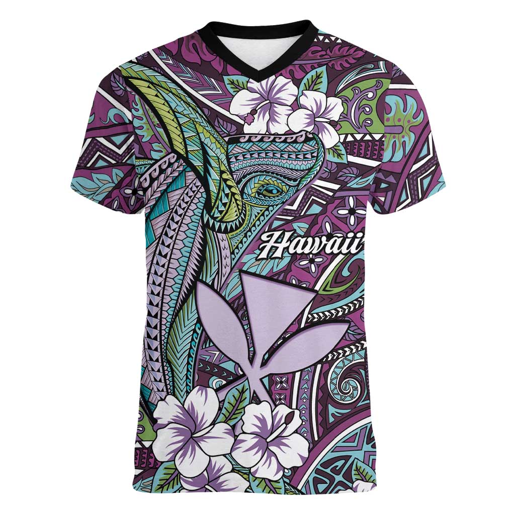 Personalised Hawaii Tribal Humpback Whale Women V-Neck T-Shirt Poni Hibiscus Seamless Pattern