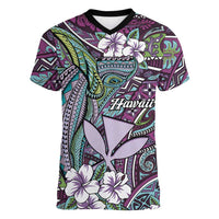 Personalised Hawaii Tribal Humpback Whale Women V-Neck T-Shirt Poni Hibiscus Seamless Pattern