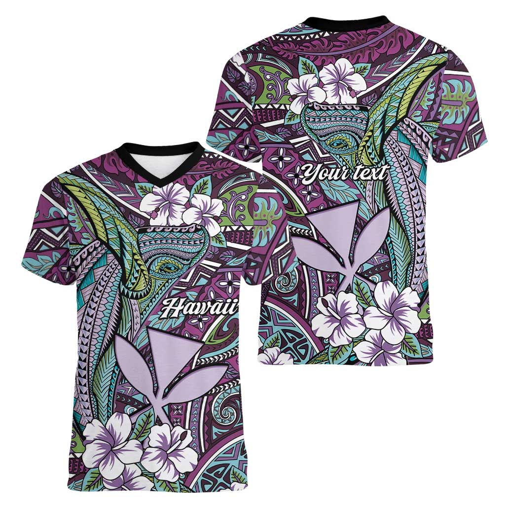 Personalised Hawaii Tribal Humpback Whale Women V-Neck T-Shirt Poni Hibiscus Seamless Pattern