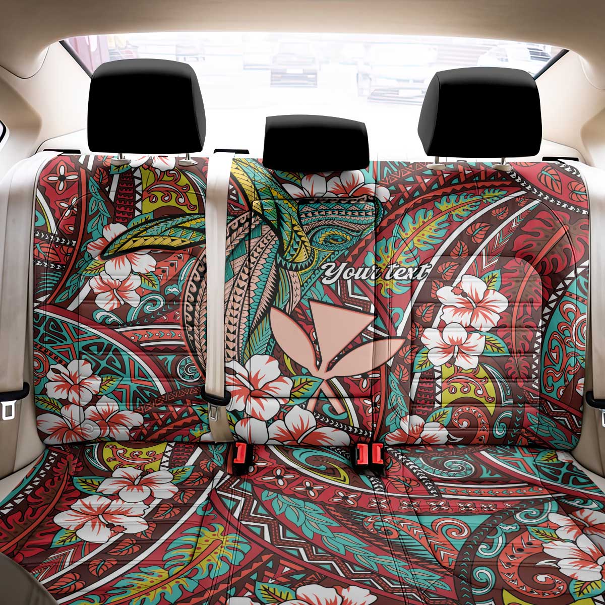 Personalised Hawaii Tribal Humpback Whale Back Car Seat Cover Ulaula Hibiscus Seamless Pattern