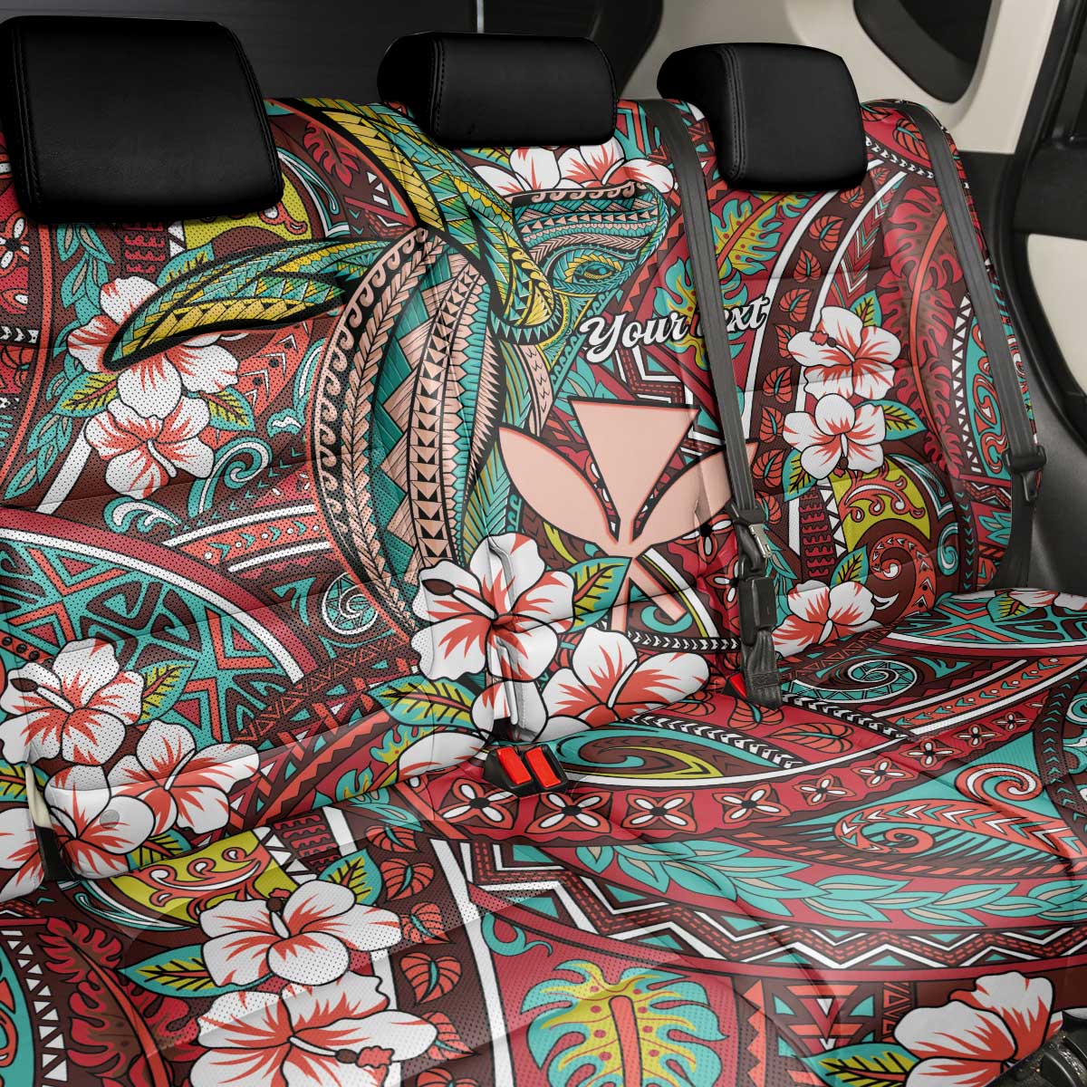 Personalised Hawaii Tribal Humpback Whale Back Car Seat Cover Ulaula Hibiscus Seamless Pattern