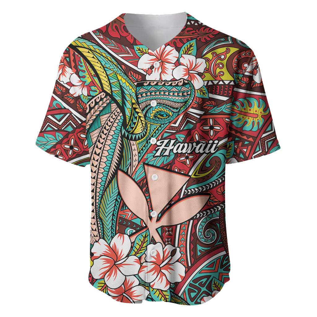 Personalised Hawaii Tribal Humpback Whale Baseball Jersey Ulaula Hibiscus Seamless Pattern