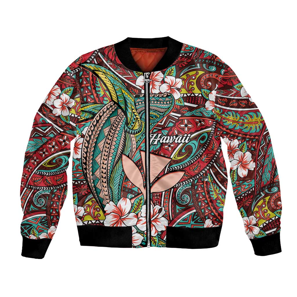 Personalised Hawaii Tribal Humpback Whale Bomber Jacket Ulaula Hibiscus Seamless Pattern