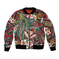Personalised Hawaii Tribal Humpback Whale Bomber Jacket Ulaula Hibiscus Seamless Pattern