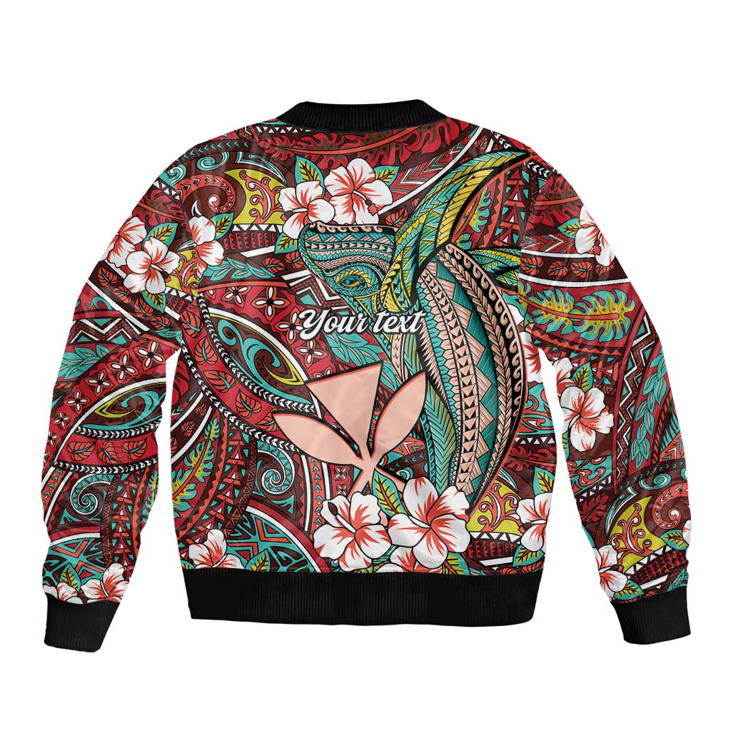 Personalised Hawaii Tribal Humpback Whale Bomber Jacket Ulaula Hibiscus Seamless Pattern