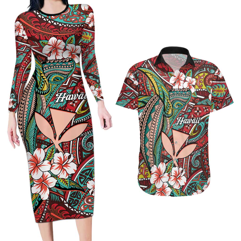 Personalised Hawaii Tribal Humpback Whale Couples Matching Long Sleeve Bodycon Dress and Hawaiian Shirt Ulaula Hibiscus Seamless Pattern