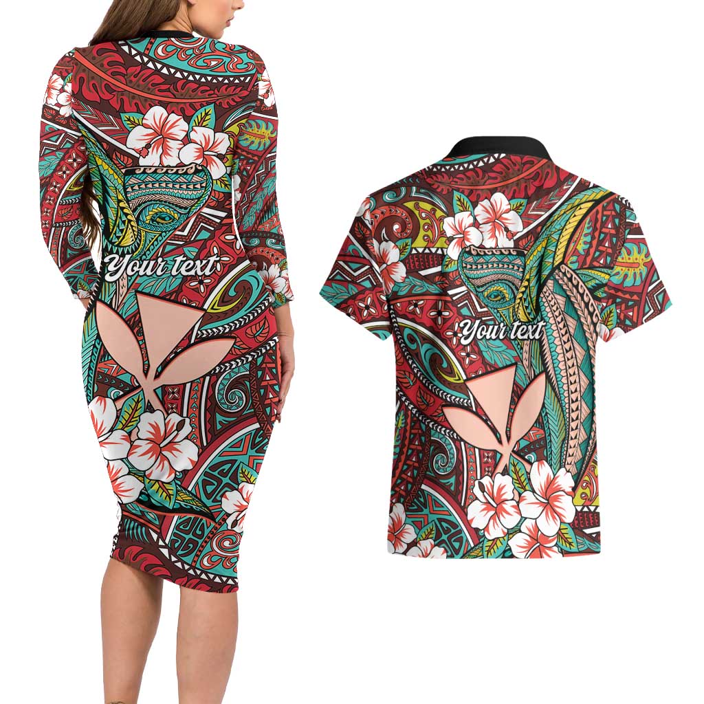 Personalised Hawaii Tribal Humpback Whale Couples Matching Long Sleeve Bodycon Dress and Hawaiian Shirt Ulaula Hibiscus Seamless Pattern