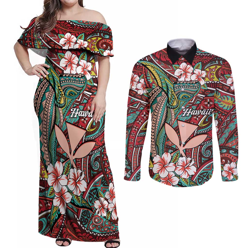 Personalised Hawaii Tribal Humpback Whale Couples Matching Off Shoulder Maxi Dress and Long Sleeve Button Shirt Ulaula Hibiscus Seamless Pattern LT9 Red - Polynesian Pride