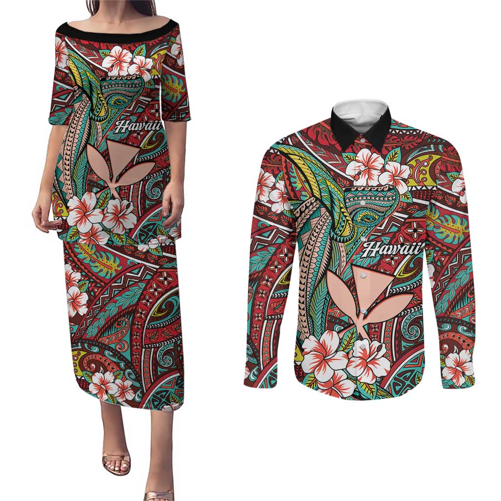 Personalised Hawaii Tribal Humpback Whale Couples Matching Puletasi and Long Sleeve Button Shirt Ulaula Hibiscus Seamless Pattern LT9 Red - Polynesian Pride